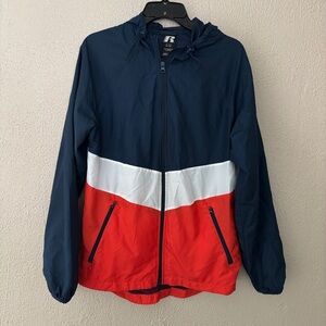 Vintage Mens Russell Athletic Windbreaker, Size Small (34-36) Blue/Orange/White